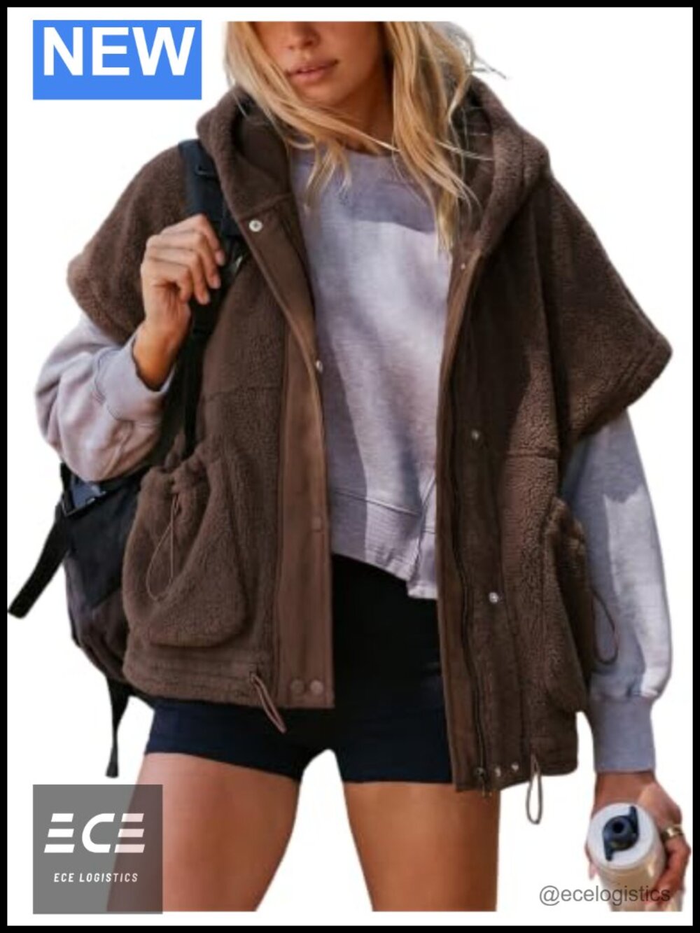 Oversized Sherpa Fleece Hooded Vest Zip Snap Drawstring Women's